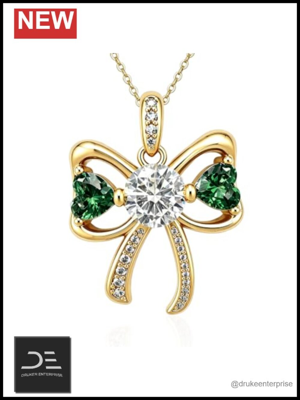 18k Gold Plated Bow Pendant Necklace with CZ Hearts